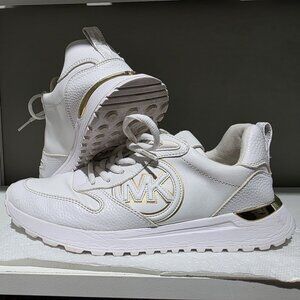 Michael Michael Kors White Leather Sneakers – Gold MK Logo-size 8